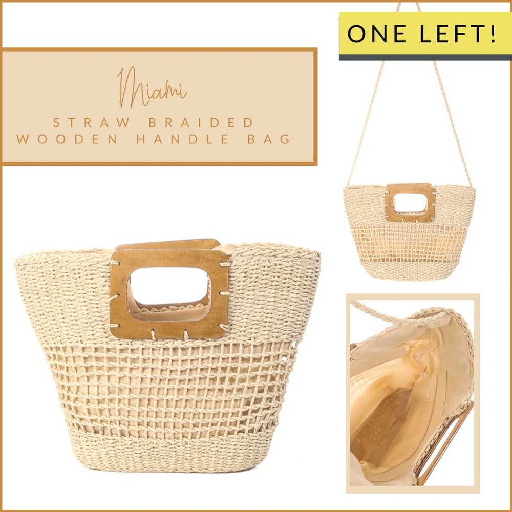 Miami Straw Braided Wooden Handle Beach Bag